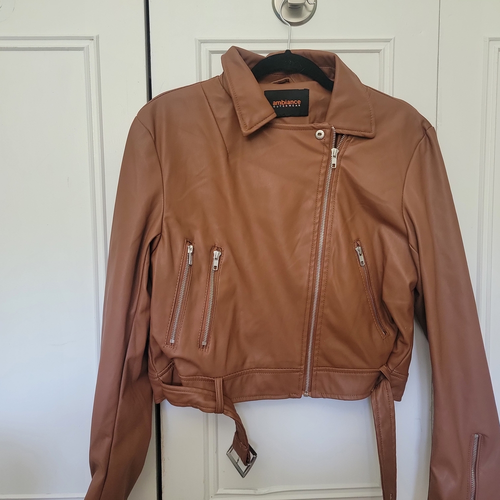 Ambiance Brown Leather Moto Jacket Asymmetrical Cropped